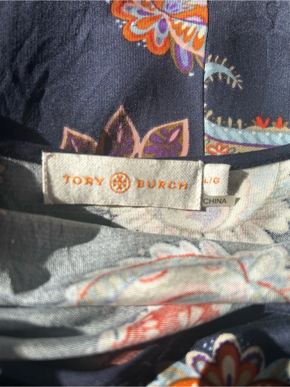 Tory Burch Silk Navy Paisley V-Neck Midi Dress with Orange and Purple Motif